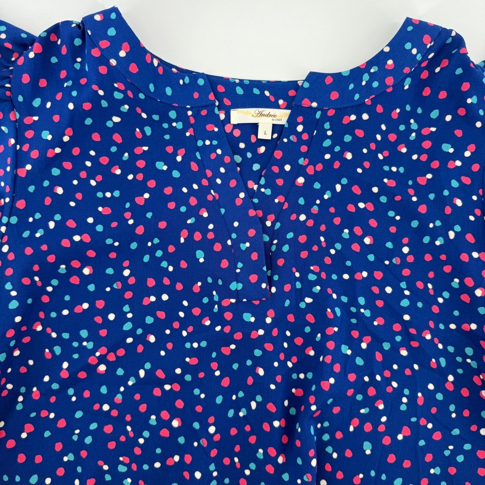 Andree by Unit Blue Polka Dot Ruffle Sleeve Top Blouse Women's Size Large - Picture 3 of 8